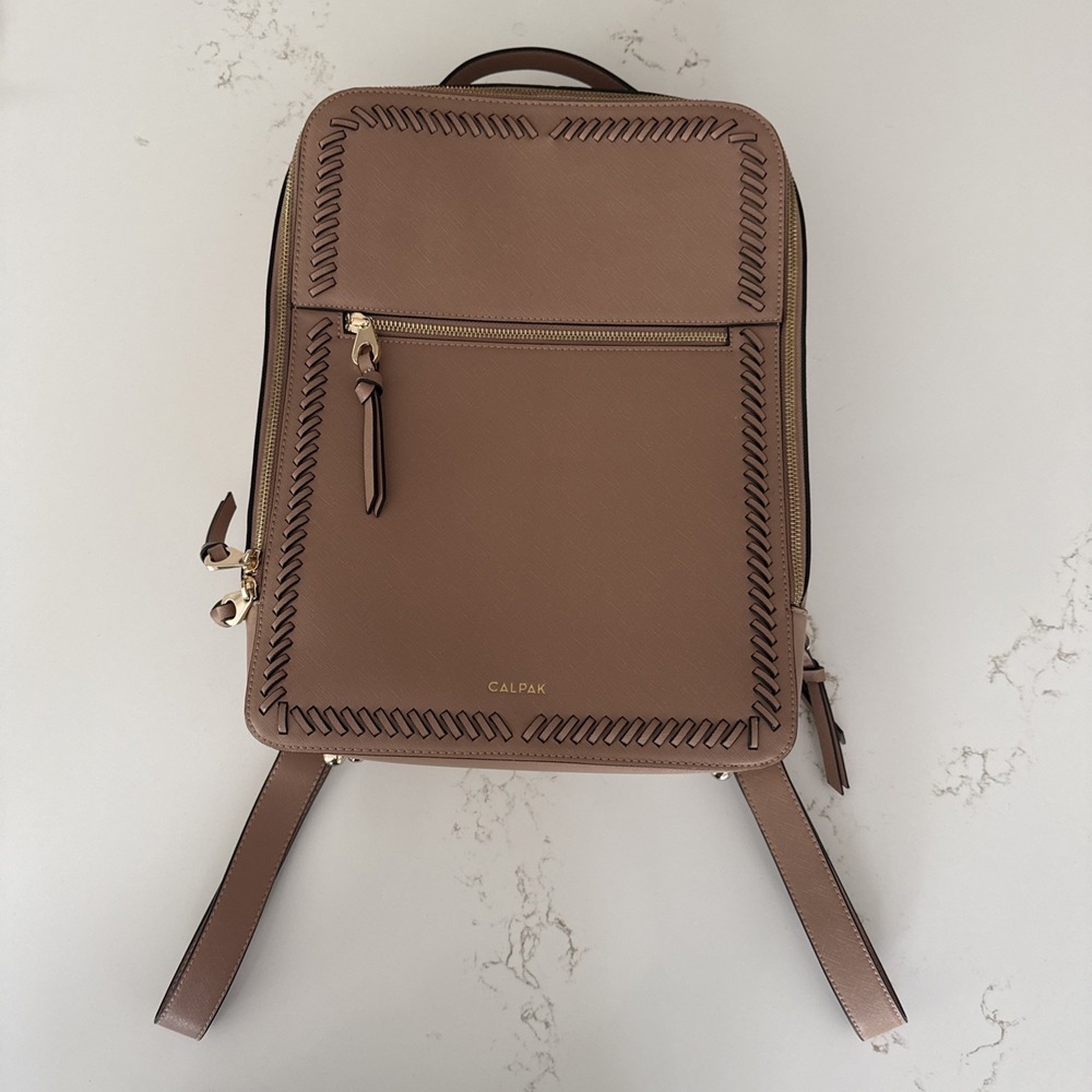 Calpak Kaya 15 inch Laptop Caramal Faux Leather Backpack Soft Mauve